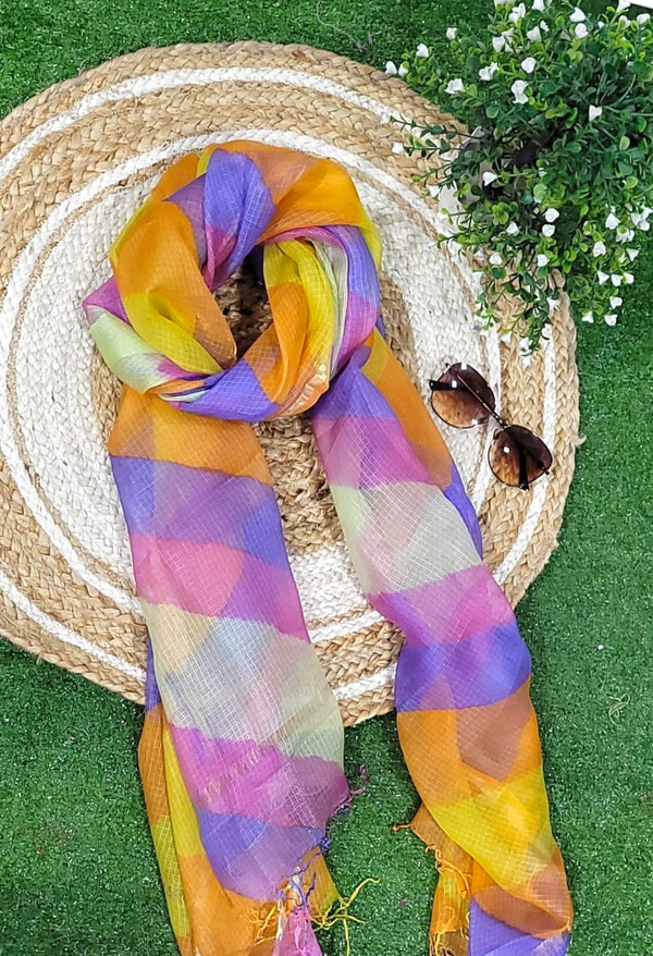 Pure Silk Kota Doria Tie & Dye Multicolor Dupatta - Leheriya