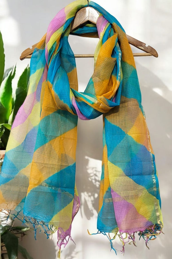 Pure Silk Kota Doria Tie & Dye Multicolor Dupatta - Leheriya