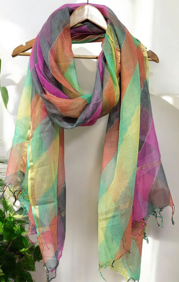 Pure Silk Kota Doria Tie & Dye Multicolor Dupatta - Leheriya
