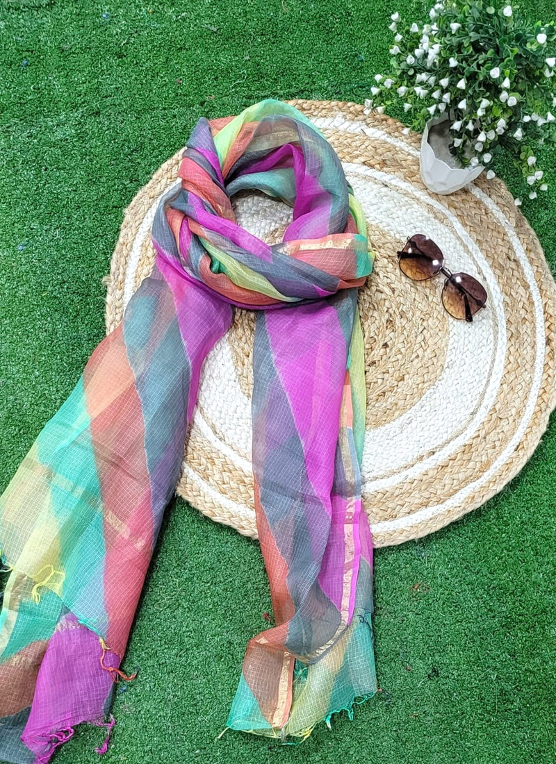 Pure Silk Kota Doria Tie & Dye Multicolor Dupatta - Leheriya