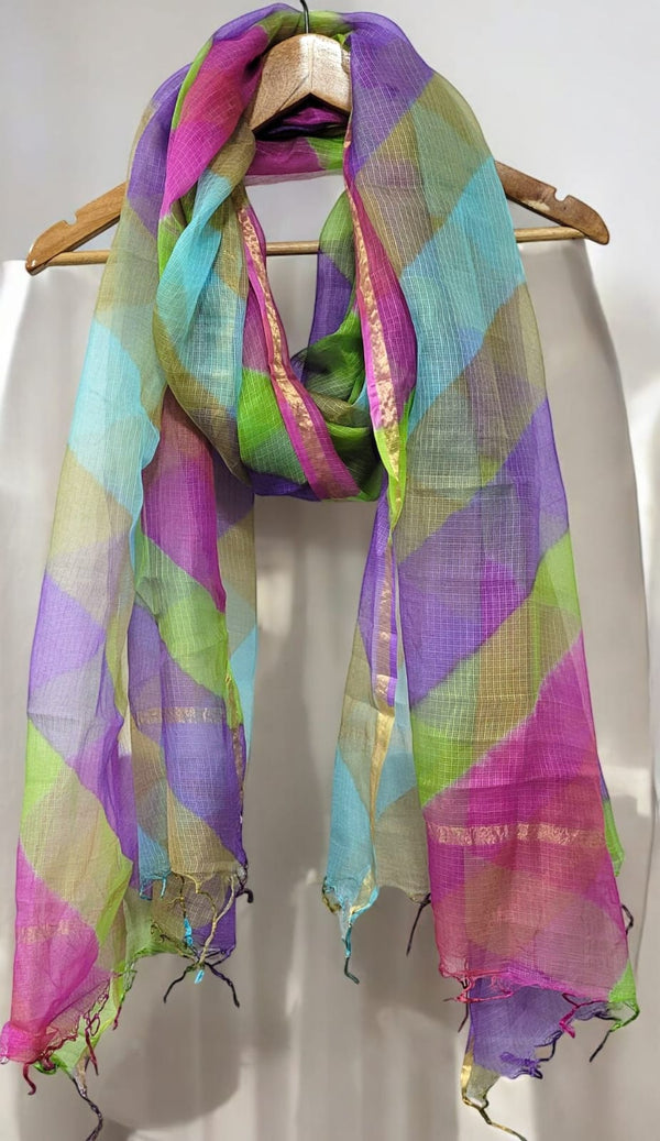 Pure Silk Kota Doria Tie & Dye Multicolor Dupatta - Leheriya