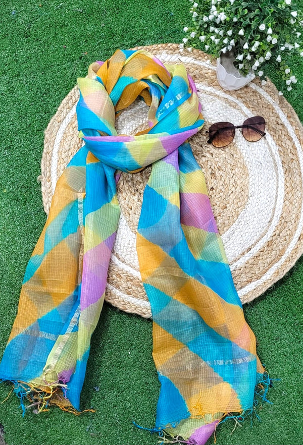 Pure Silk Kota Doria Tie & Dye Multicolor Dupatta - Leheriya
