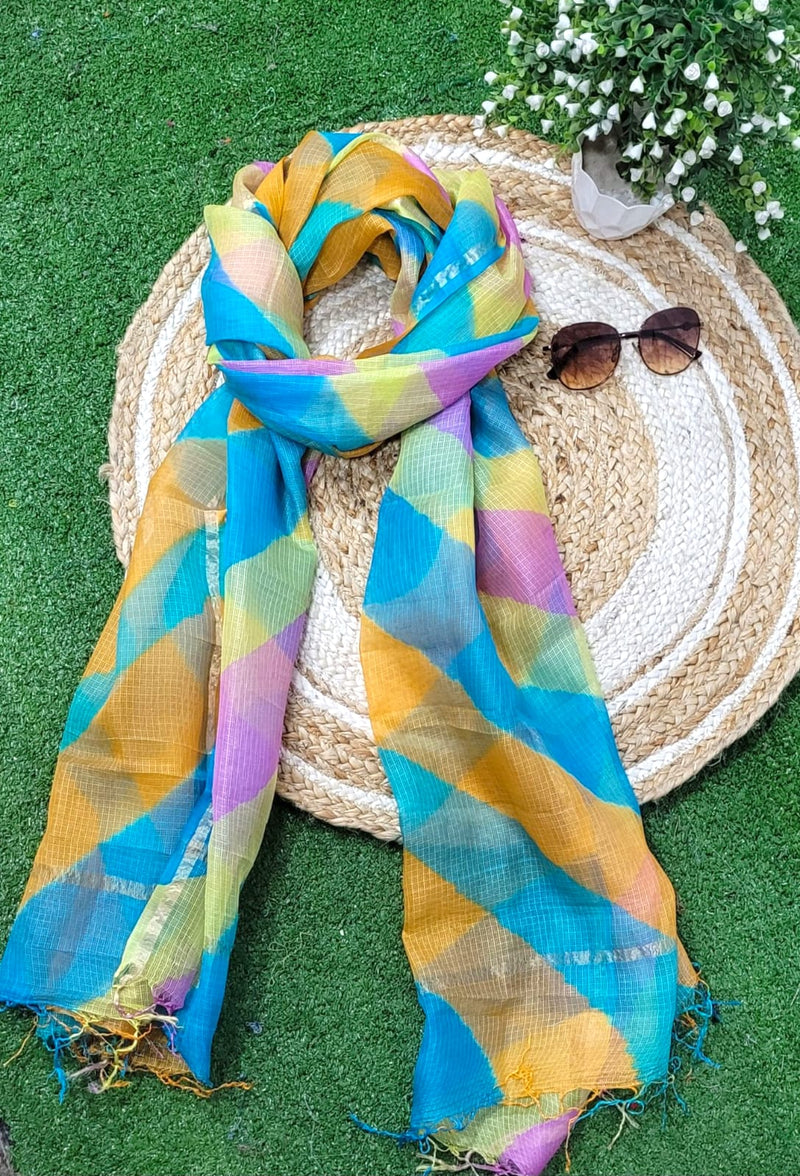 Pure Silk Kota Doria Tie & Dye Multicolor Dupatta - Leheriya