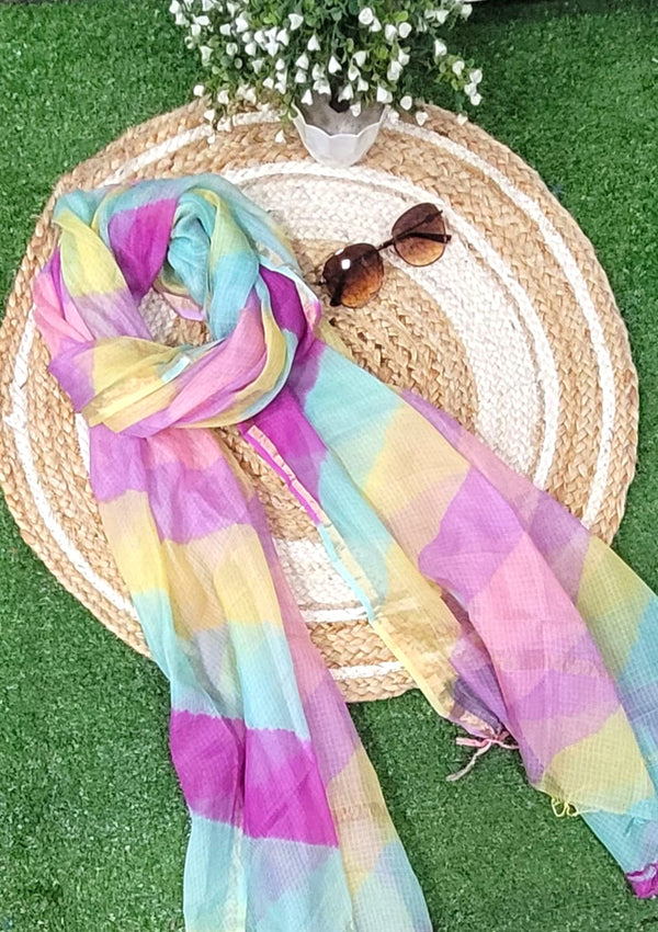 Pure Silk Kota Doria Tie & Dye Multicolor Dupatta - Leheriya