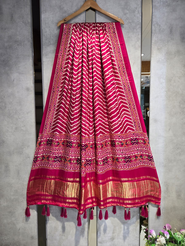 Pure Silk Leheriya Design Digital Print Dupatta with Silk Tissue Pallu with Handwork (Wedding Special) - Leheriya