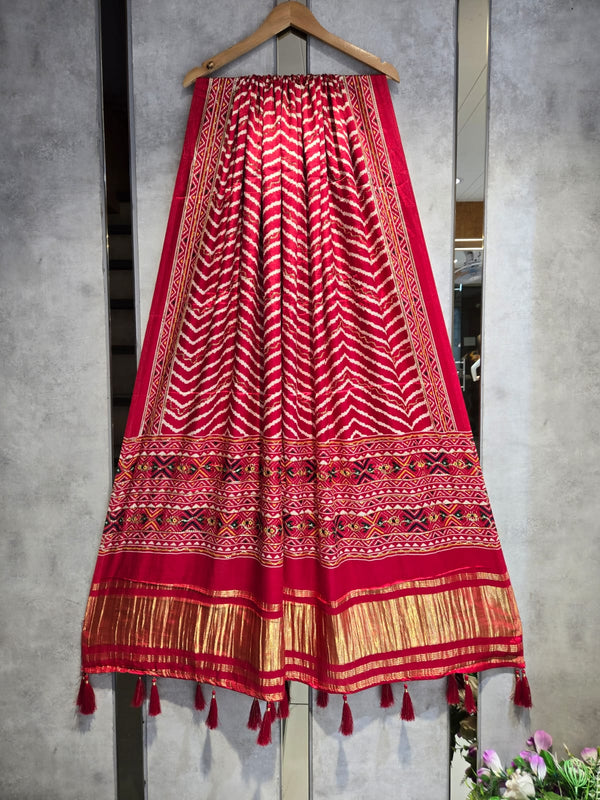 Pure Silk Leheriya Design Digital Print Dupatta with Silk Tissue Pallu with Handwork (Wedding Special) - Leheriya