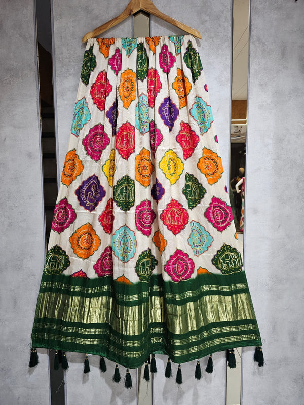Pure Silk Multicolor Digital Print Dupatta with Silk Tissue Pallu with Handwork (Wedding Special) - Leheriya