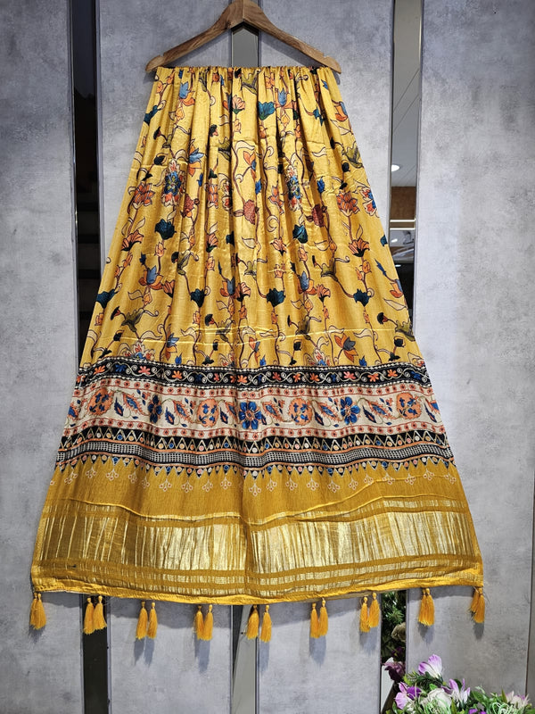 Pure Silk Mustard Yellow Digital Print Dupatta with Silk Tissue Pallu with Handwork (Wedding Special) - Leheriya