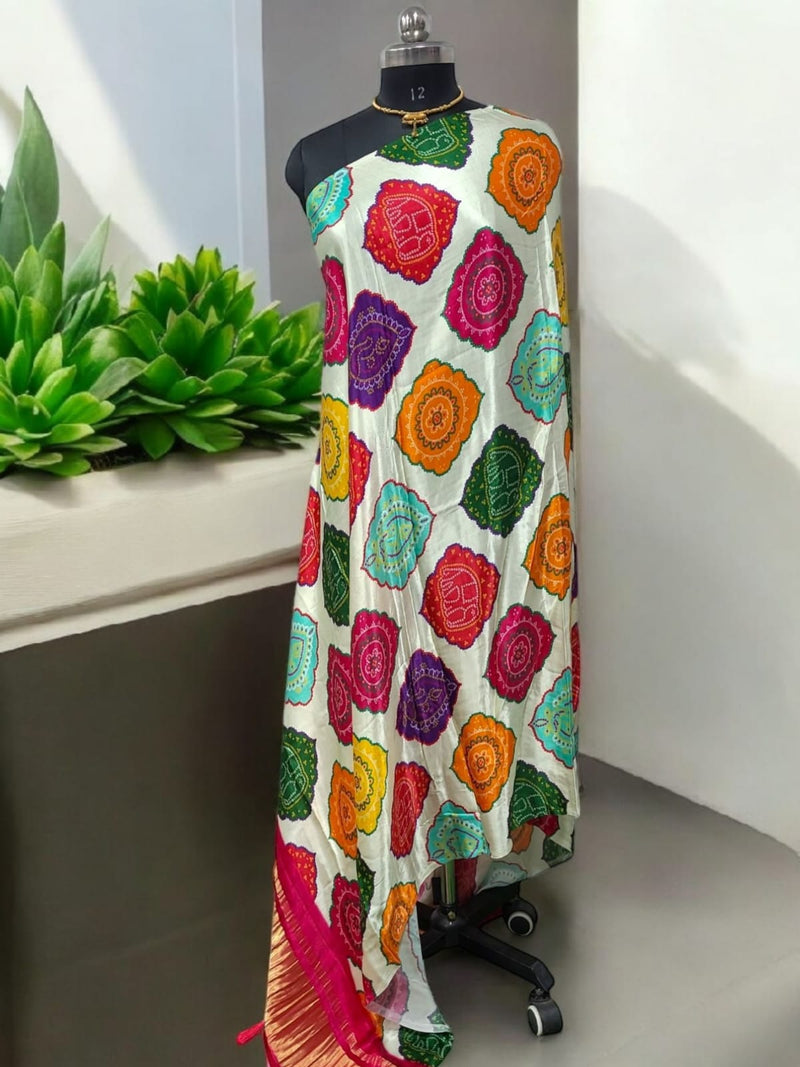 Pure Silk Patola Digital Print Dupatta with Tassels Pink - Leheriya