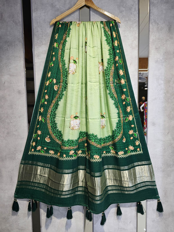 Pure Silk Pichwai Digital Print Dupatta with Silk Tissue Pallu with Handwork (Wedding Special) - Leheriya