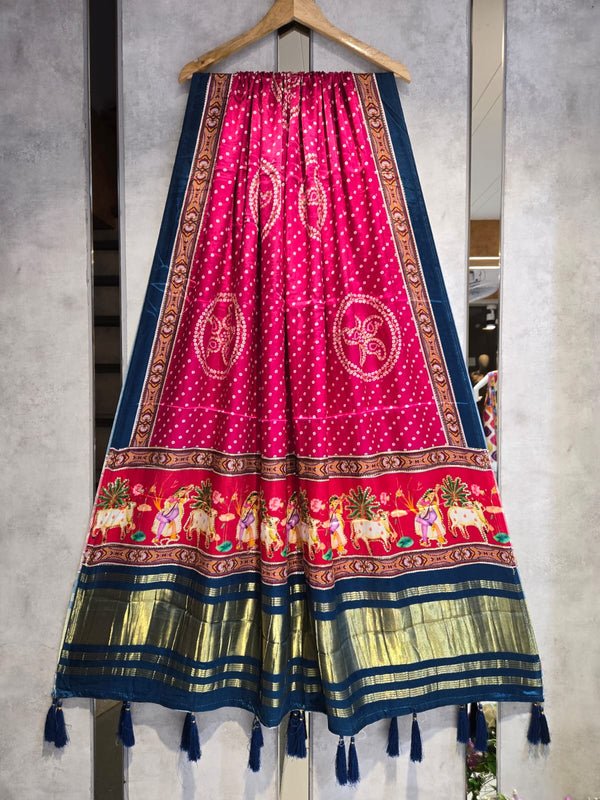 Pure Silk Pichwai Digital Print Dupatta with Silk Tissue Pallu with Handwork (Wedding Special) - Leheriya