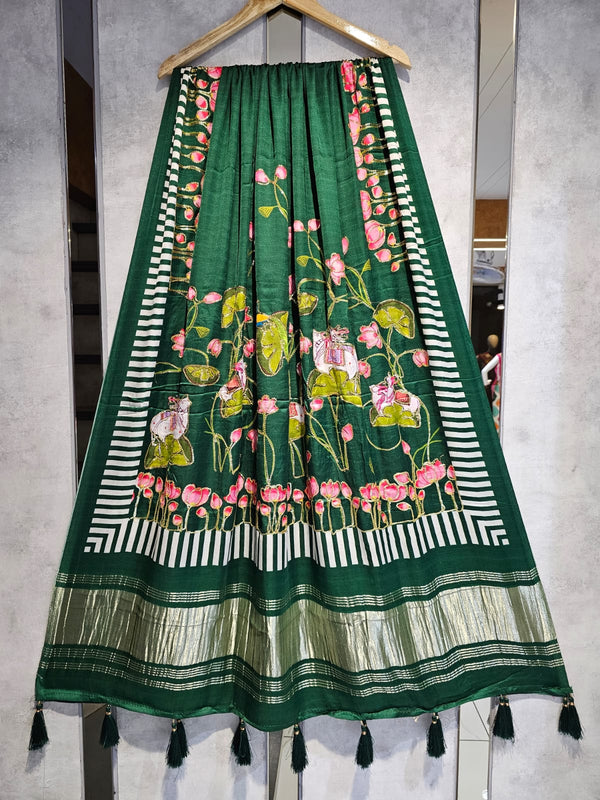 Pure Silk Pichwai Digital Print Dupatta with Silk Tissue Pallu with Handwork (Wedding Special) - Leheriya