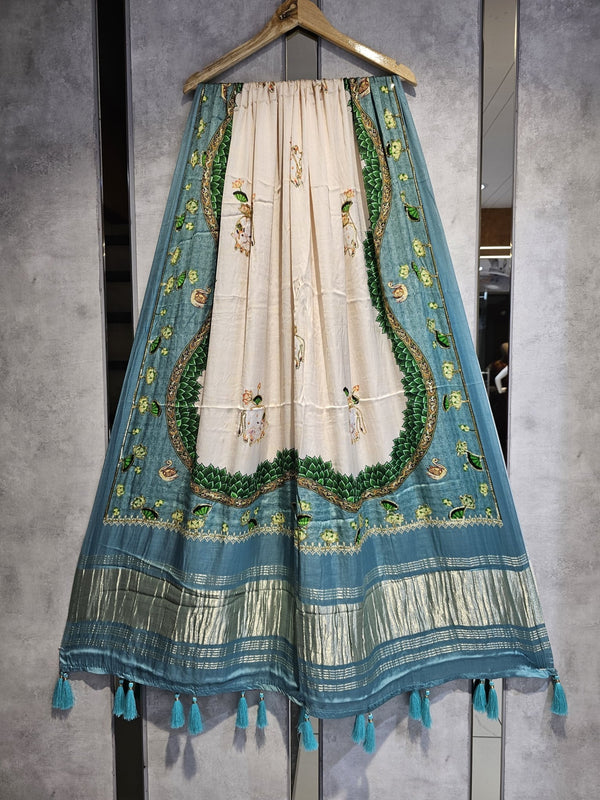 Pure Silk Pichwai Digital Print Dupatta with Silk Tissue Pallu with Handwork (Wedding Special) - Leheriya