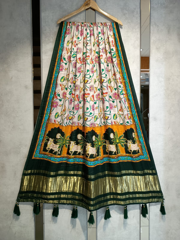 Pure Silk Pichwai Digital Print Dupatta with Silk Tissue Pallu with Handwork (Wedding Special) - Leheriya