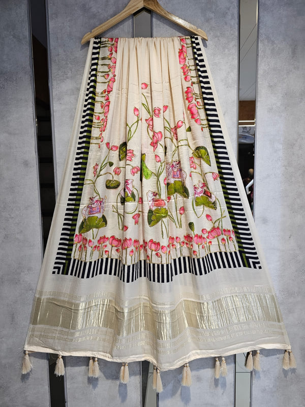 Pure Silk Pichwai Digital Print Dupatta with Silk Tissue Pallu with Handwork (Wedding Special) - Leheriya