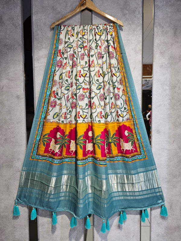 Pure Silk Pichwai Digital Print Dupatta with Silk Tissue Pallu with Handwork (Wedding Special) - Leheriya