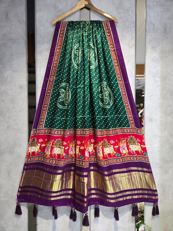 Pure Silk Pichwai Digital Print Dupatta with Silk Tissue Pallu with Handwork (Wedding Special) - Leheriya