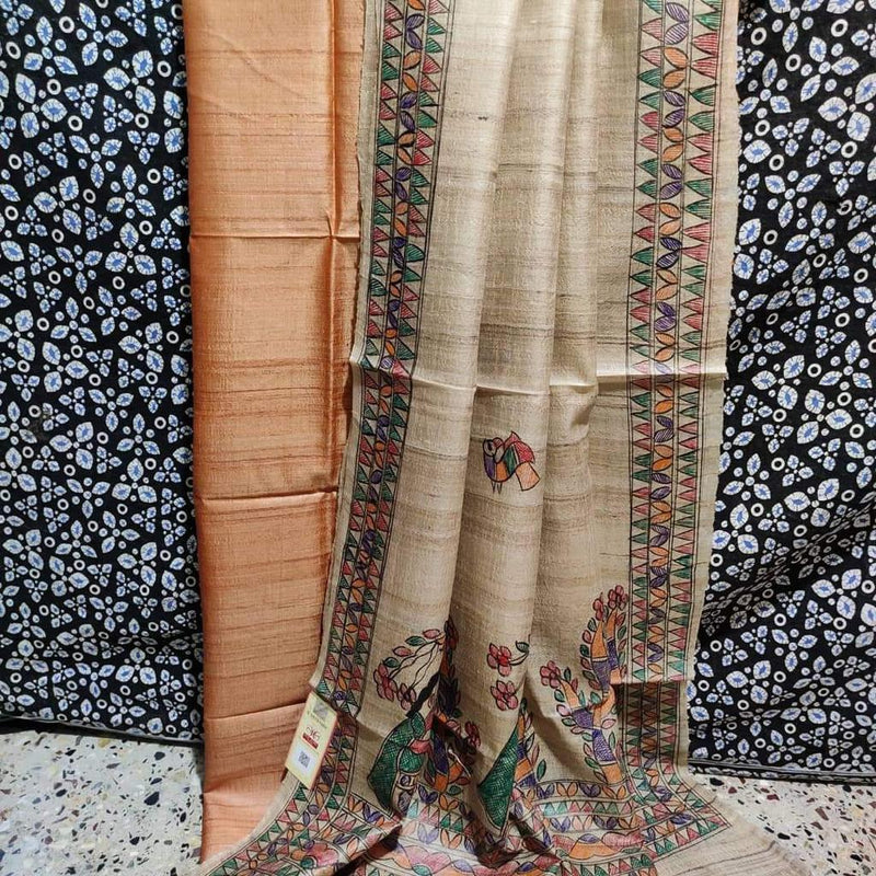 Pure Tussar Ghicha Madhubani 2pc Suit Material - Leheriya