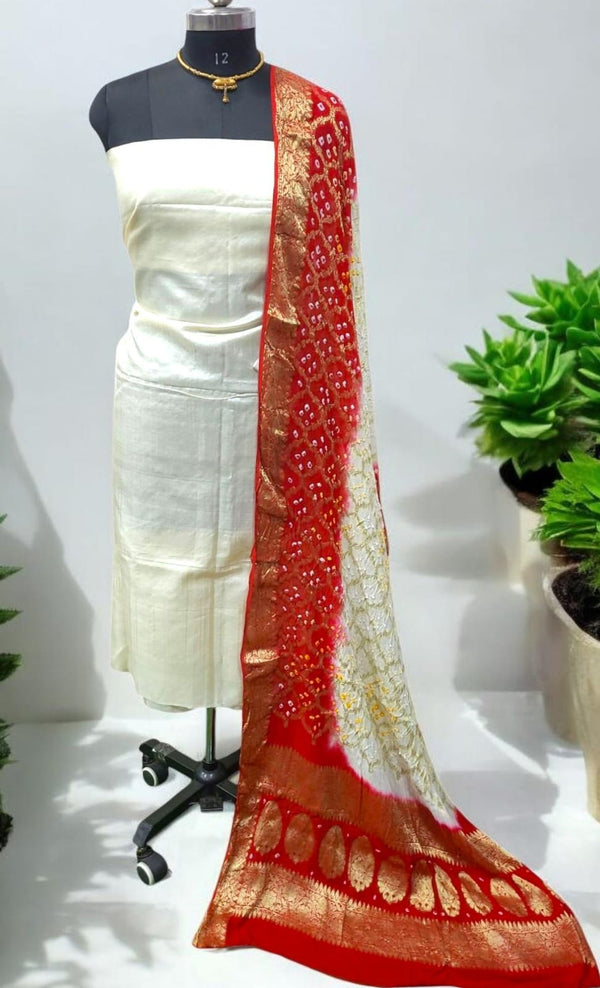 Pure Tussar Silk 2 pc Salwar Suit with Banarasi Georgette Gharchola Bandhani Dupatta - Leheriya