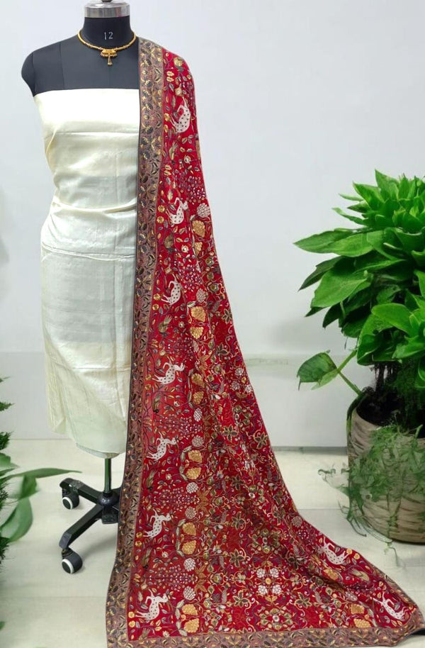 Pure Tussar Silk 2 pc Salwar Suit with Parsi Embroidery Work Georgette Dupatta - Leheriya