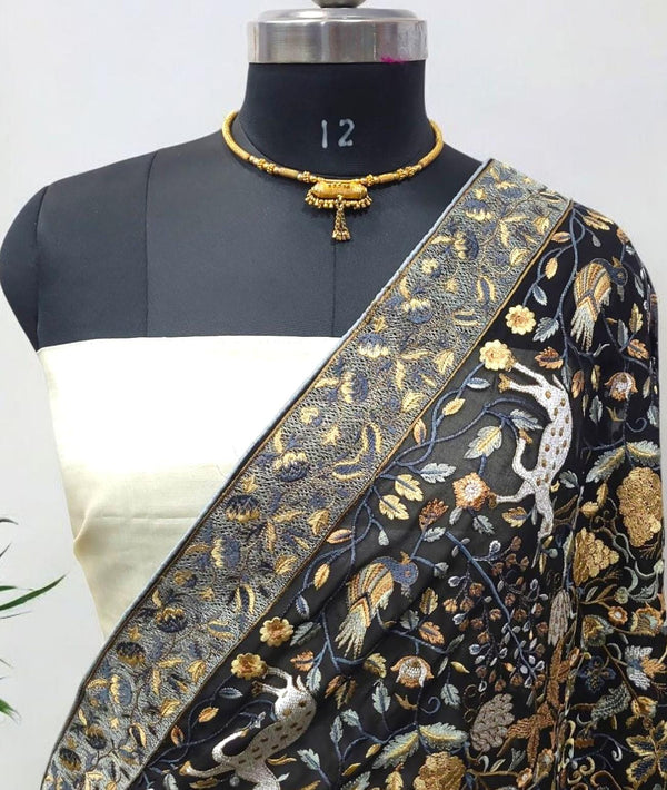 Pure Tussar Silk 2 pc Salwar Suit with Parsi Embroidery Work Georgette Dupatta - Leheriya