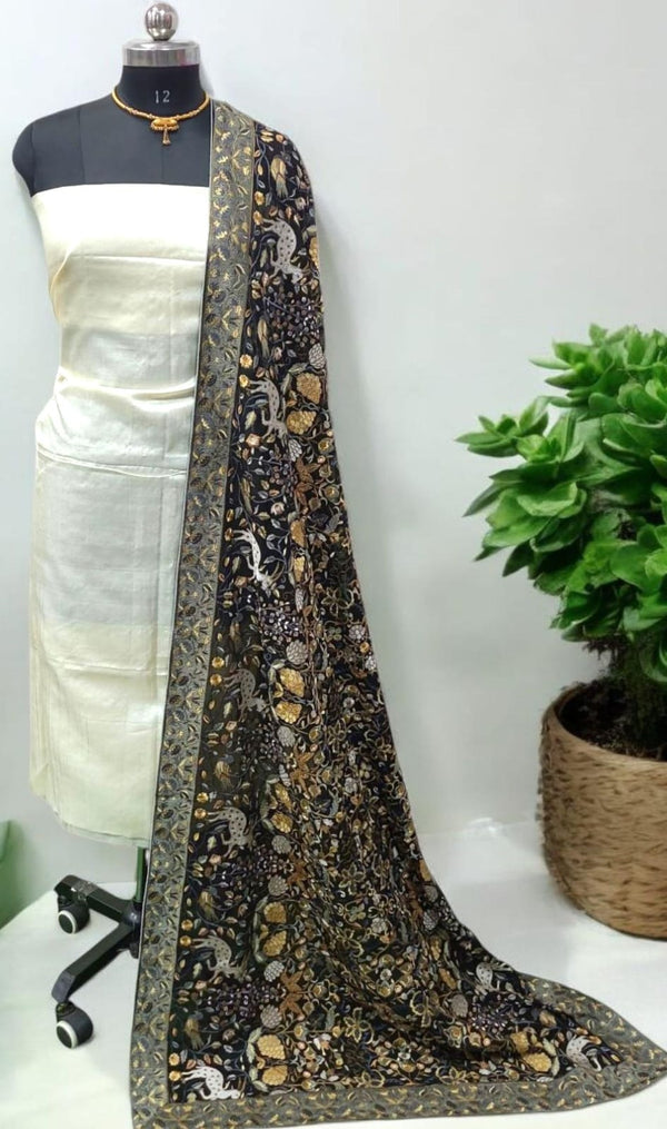 Pure Tussar Silk 2 pc Salwar Suit with Parsi Embroidery Work Georgette Dupatta - Leheriya