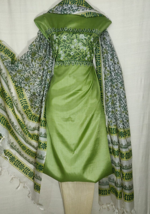 Pure Tussar Silk Hand Block Printed 3 pc Salwar Suit Material - Leheriya