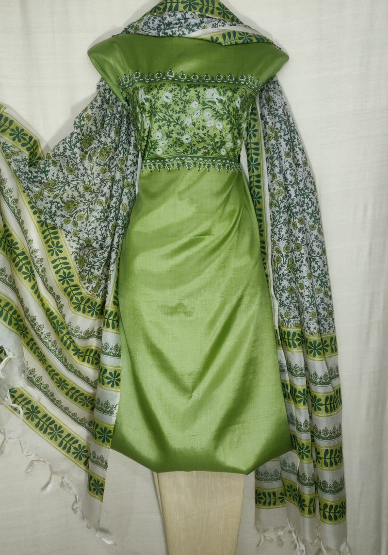 Pure Tussar Silk Hand Block Printed 3 pc Salwar Suit Material - Leheriya