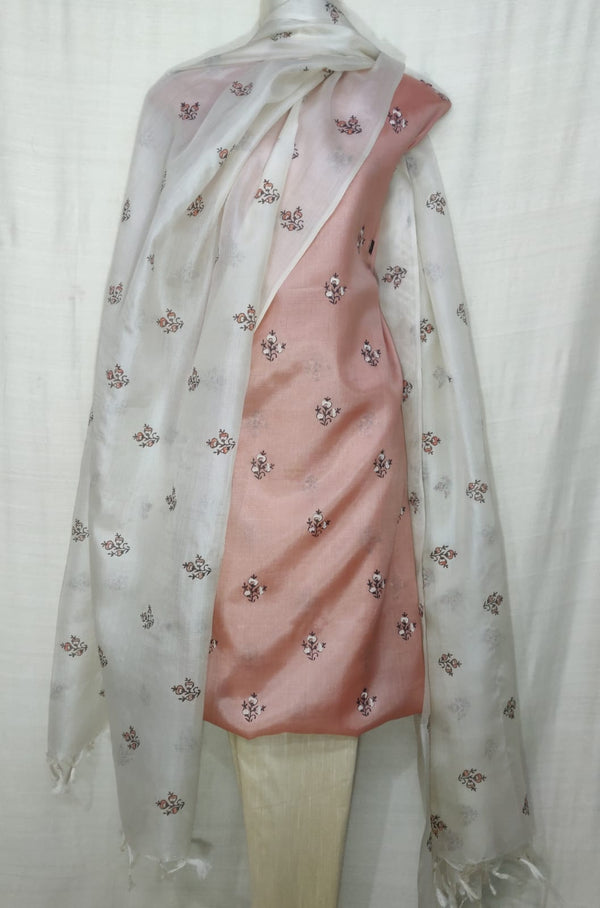 Pure Tussar Silk Hand Block Printed 3 pc Salwar Suit Material - Leheriya