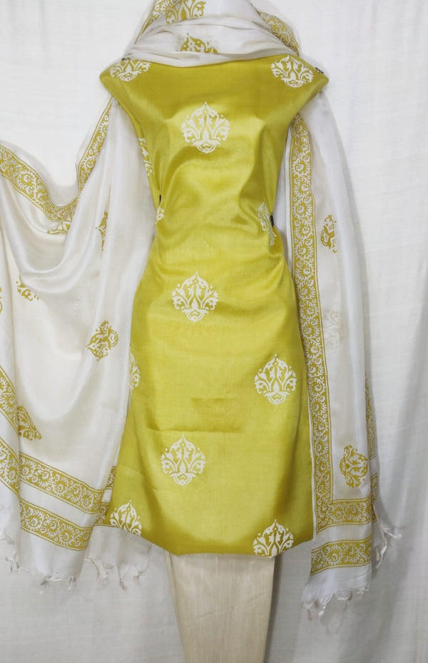 Pure Tussar Silk Hand Block Printed 3 pc Salwar Suit Material - Leheriya
