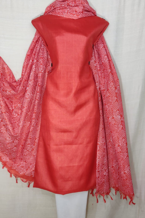 Pure Tussar Silk Hand Block Printed 3 pc Salwar Suit Material - Leheriya