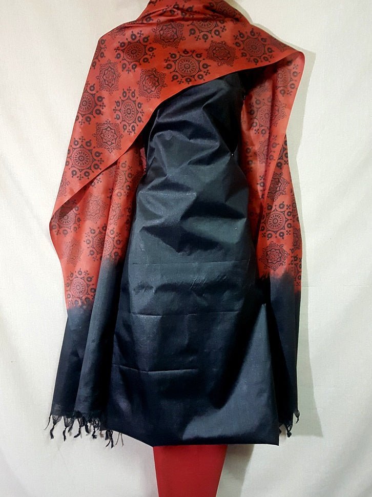 Pure Tussar Silk Hand Block Printed Three Piece Salwar Suit Material - Leheriya