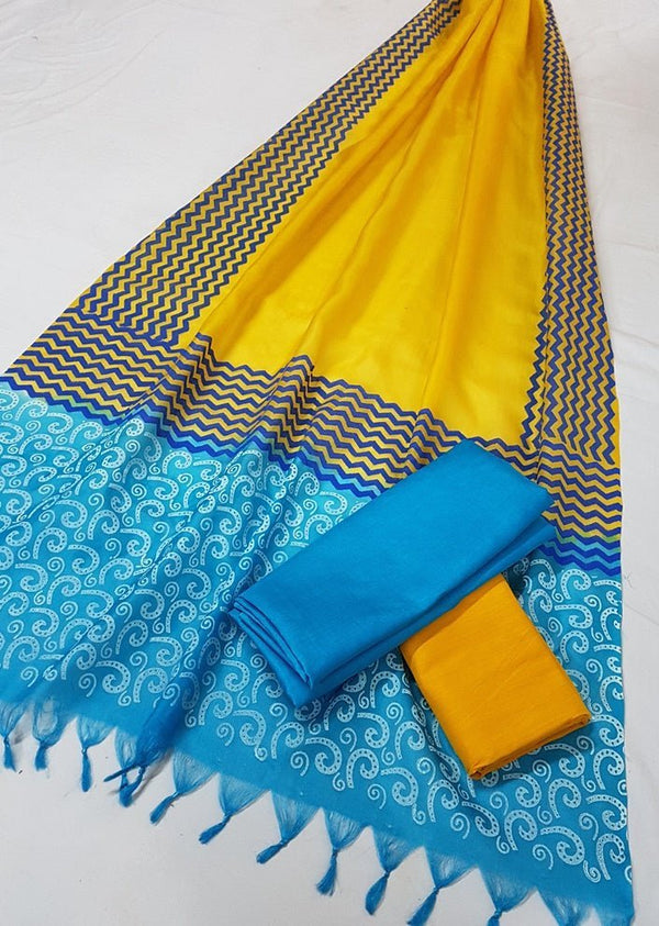 Pure Tussar Silk Hand Block Printed Three Piece Salwar Suit Material - Leheriya