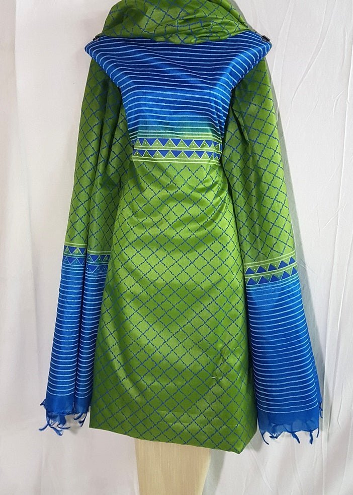 Pure Tussar Silk Hand Block Printed Three Piece Salwar Suit Material - Leheriya