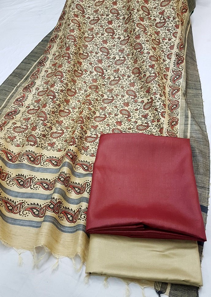 Pure Tussar Silk Hand Block Printed Three Piece Salwar Suit Material - Leheriya