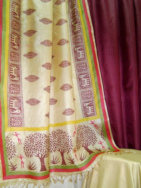 Pure Tussar Silk Hand Block Printed Three Piece Salwar Suit Material - Leheriya