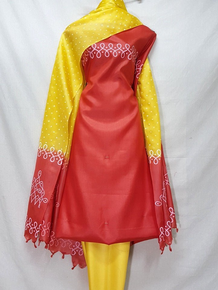 Pure Tussar Silk Hand Block Printed Three Piece Salwar Suit Material - Leheriya