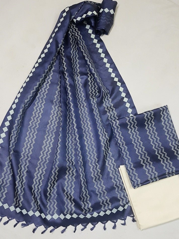 Pure Tussar Silk Hand Block Printed Three Piece Salwar Suit Material - Leheriya