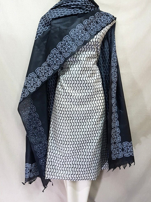 Pure Tussar Silk Hand Block Printed Three Piece Salwar Suit Material - Leheriya
