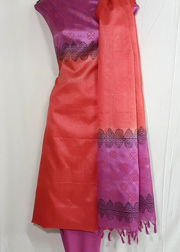 Pure Tussar Silk Hand Block Printed Three Piece Salwar Suit Material - Leheriya