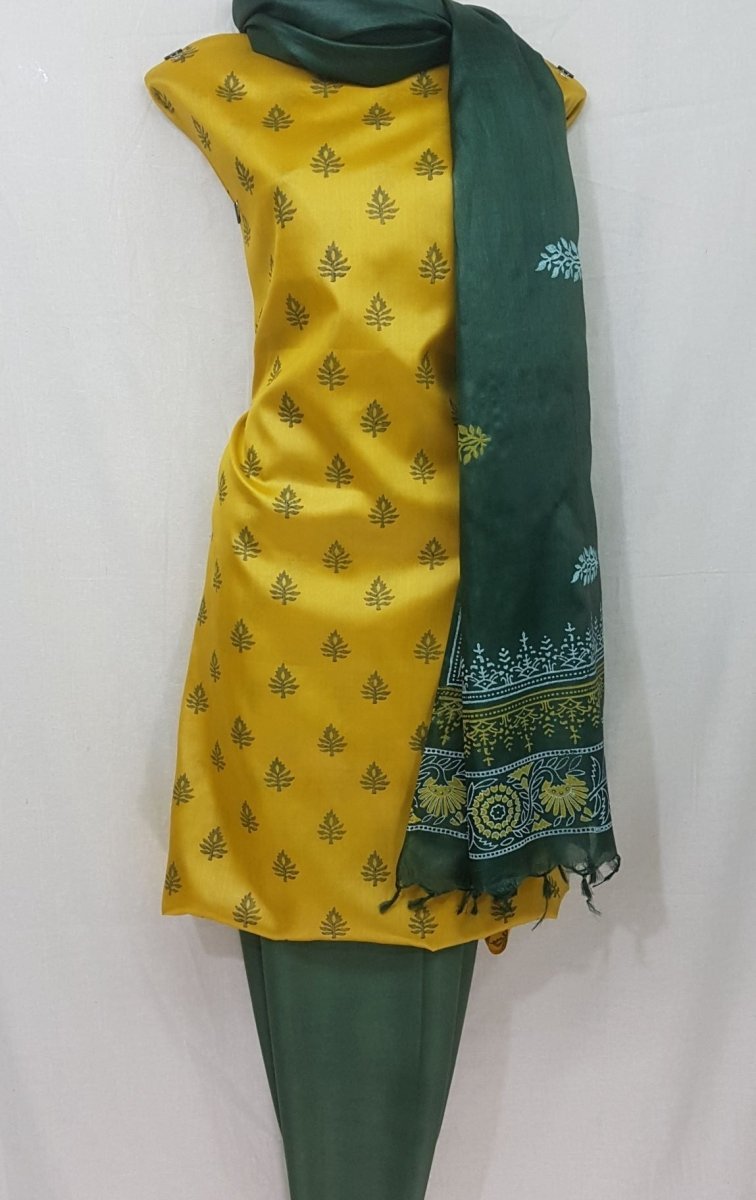 Pure Tussar Silk Hand Block Printed Three Piece Salwar Suit Material - Leheriya