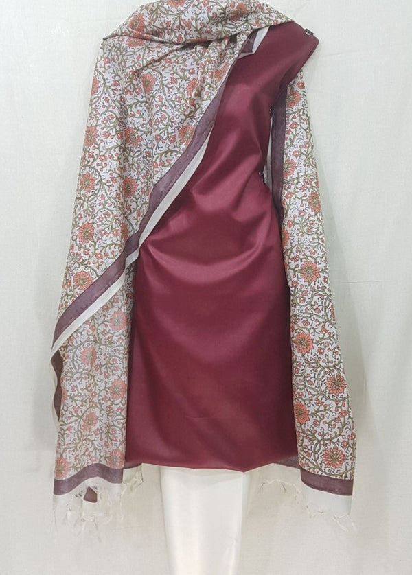 Pure Tussar Silk Hand Block Printed Three Piece Salwar Suit Material - Leheriya