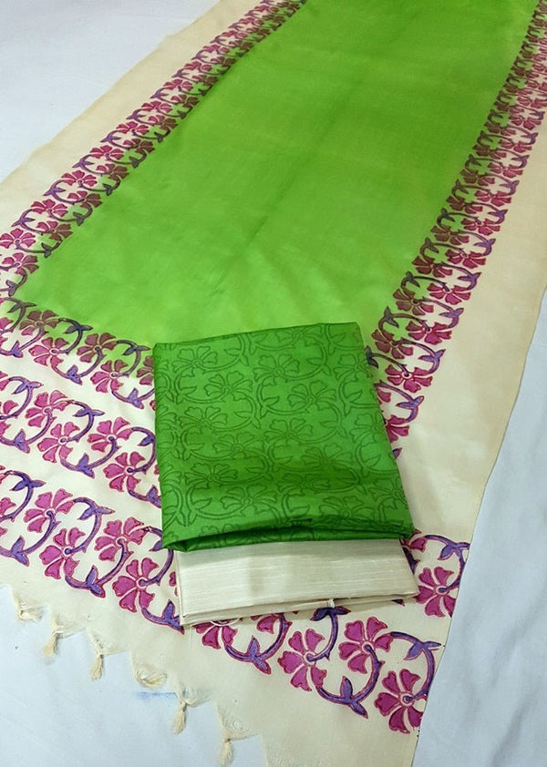 Pure Tussar Silk Hand Block Printed Three Piece Salwar Suit Material - Leheriya