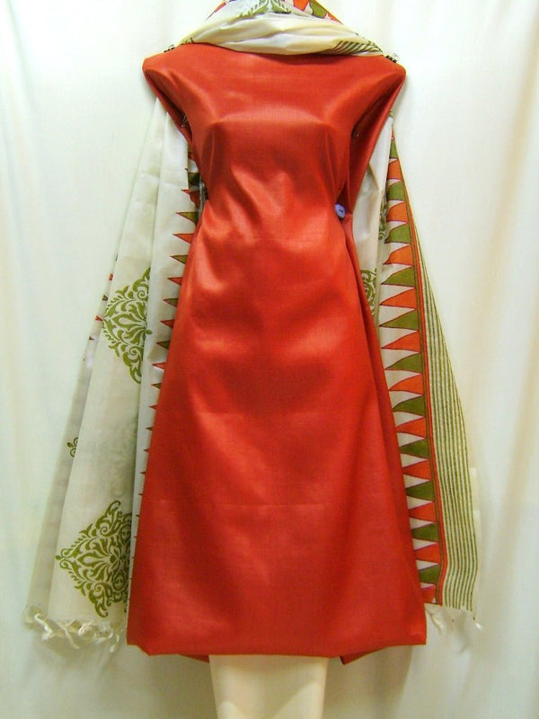 Pure Tussar Silk Hand Block Printed Three Piece Salwar Suit Material - Leheriya
