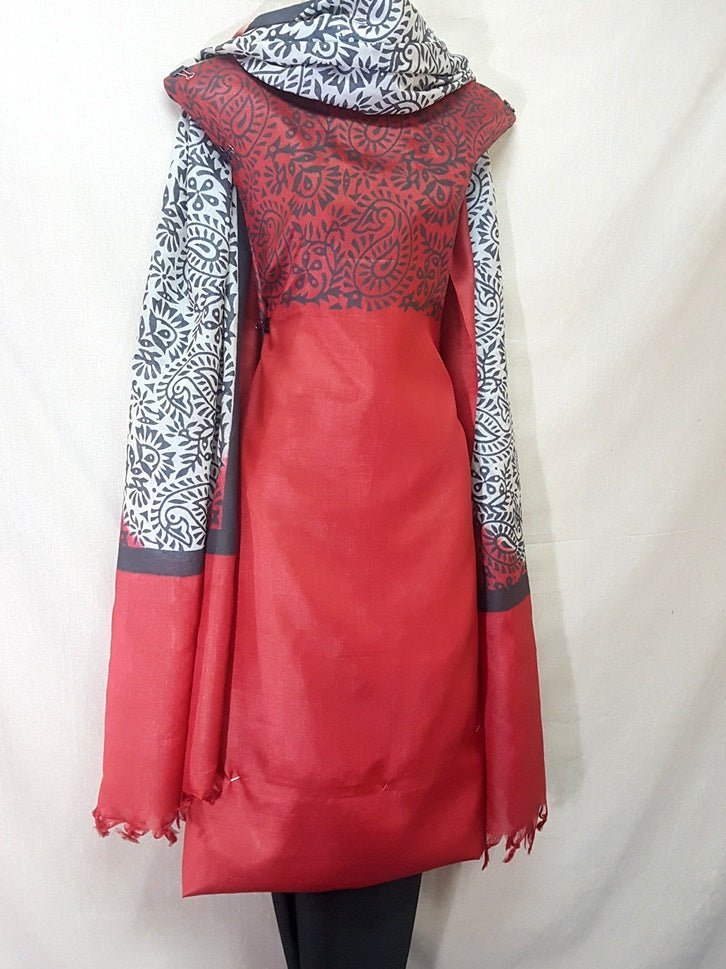 Pure Tussar Silk Hand Block Printed Three Piece Salwar Suit Material - Leheriya