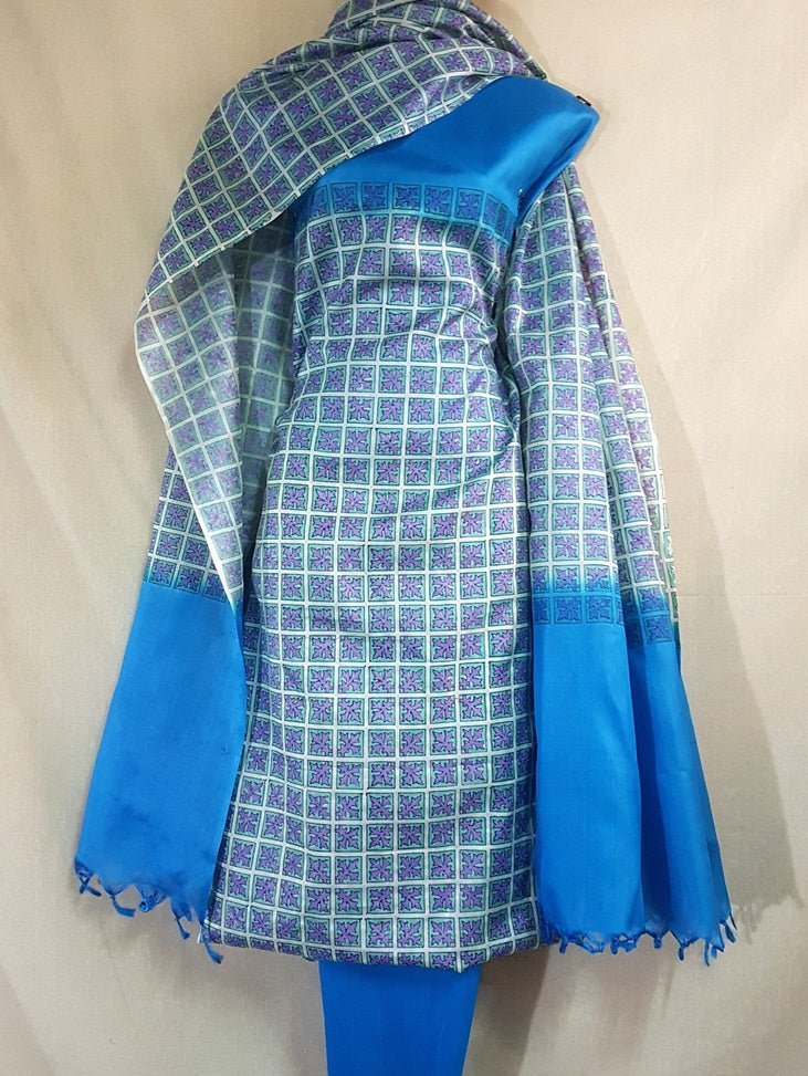 Pure Tussar Silk Hand Block Printed Three Piece Salwar Suit Material - Leheriya