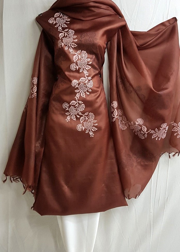 Pure Tussar Silk Hand Block Printed Three Piece Salwar Suit Material - Leheriya