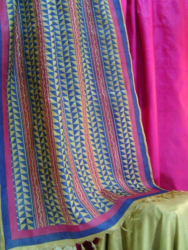 Pure Tussar Silk Hand Block Printed Three Piece Salwar Suit Material - Leheriya