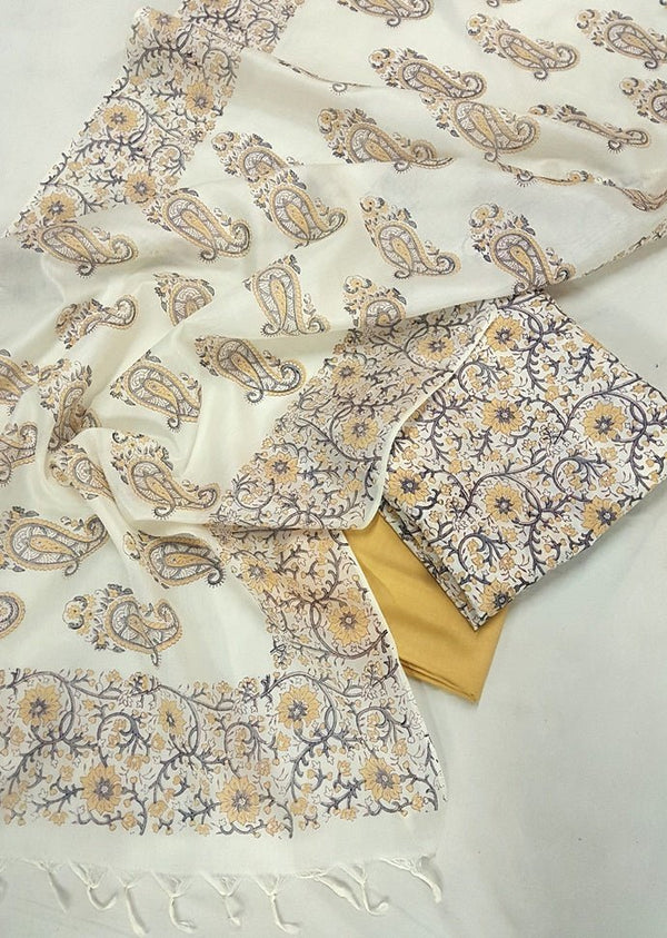 Pure Tussar Silk Hand Block Printed Three Piece Salwar Suit Material - Leheriya