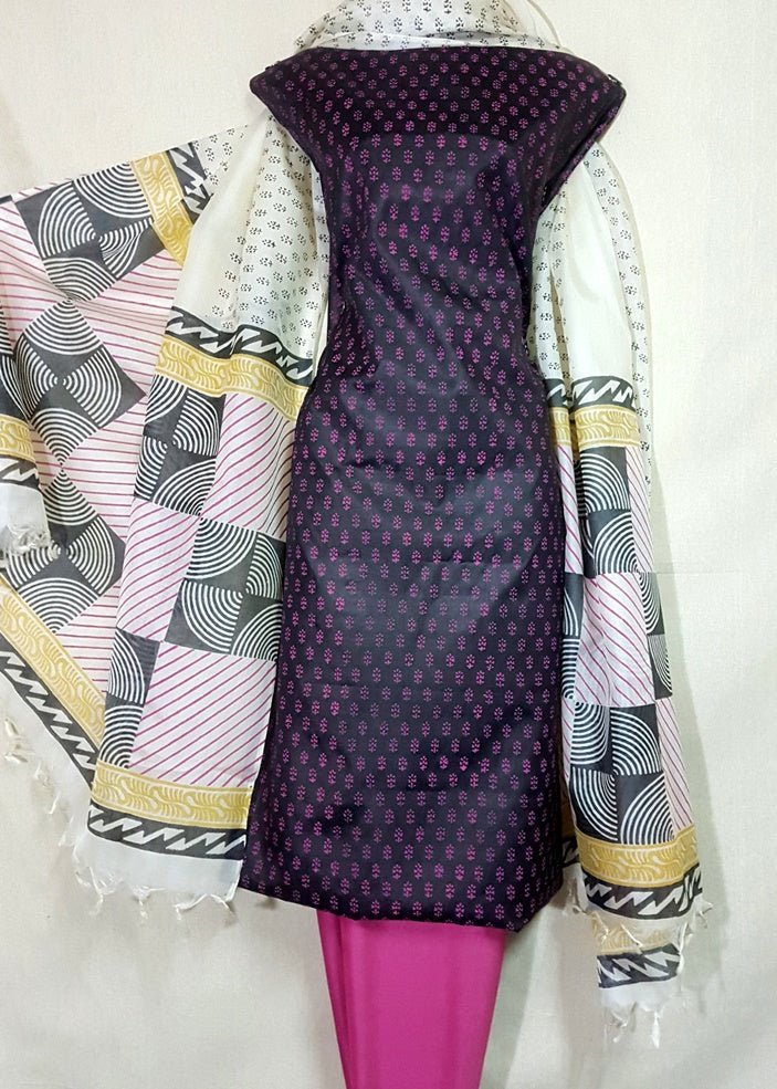 Pure Tussar Silk Hand Block Printed Three Piece Salwar Suit Material - Leheriya